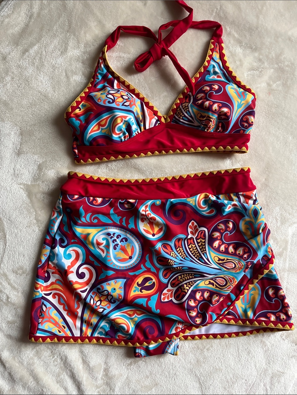Red Amalfi Coast Multicolor Paisley Bikini Set with Skirt